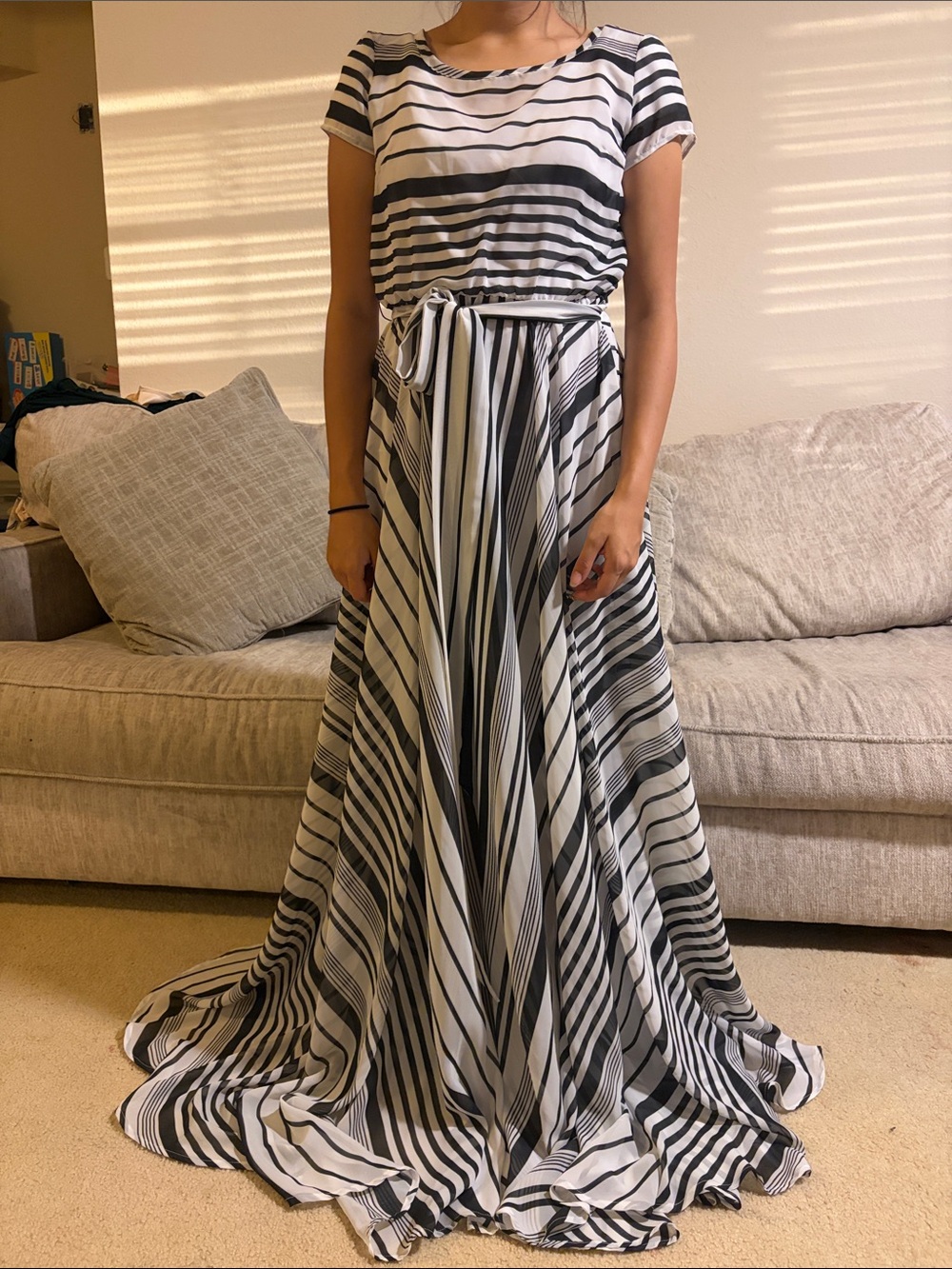 Shabby Apple Black and White Striped Maxi Dress with Waist Tie